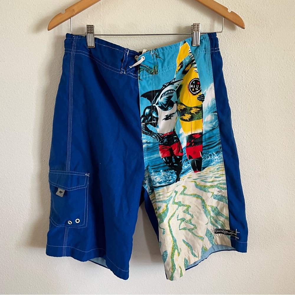 Maui and Sons Blue Panel Graphic Kids Swim Board Shorts L 14 16
